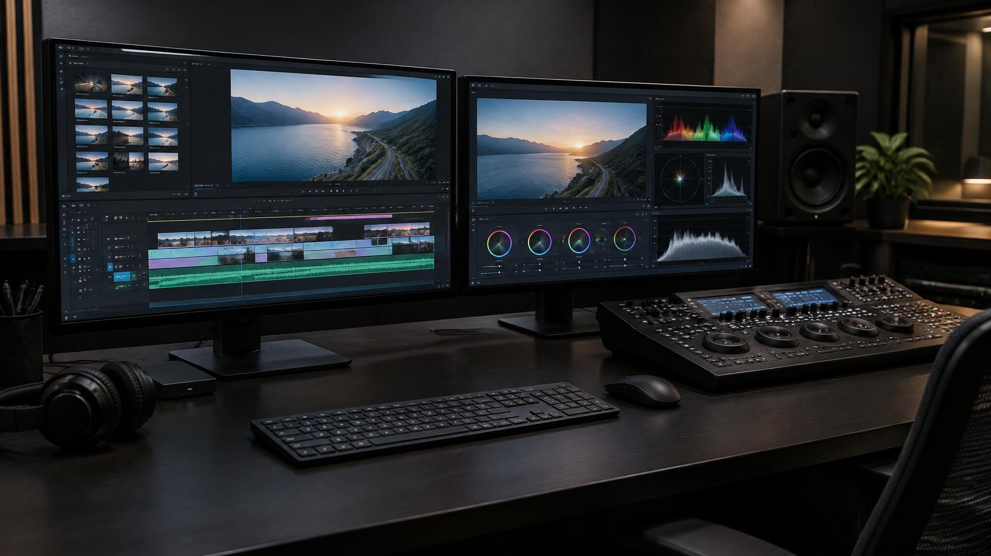 Editing workstation with two monitors
