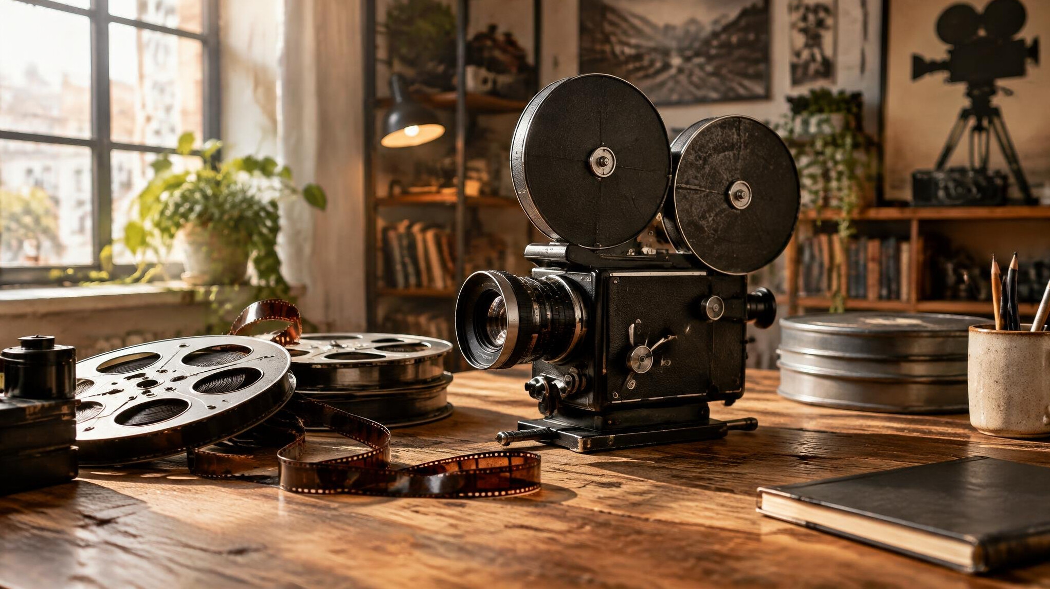 Vintage film camera and reels on a table