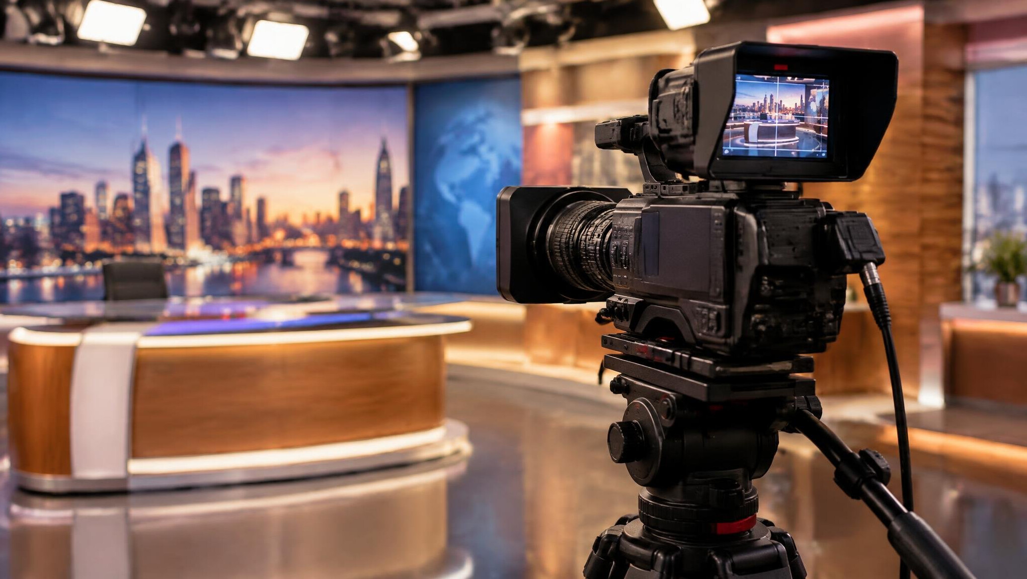 Video camera operator filming on a professional news set
